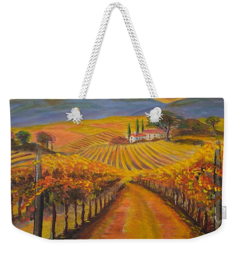 Fall Vineyards Weekender Tote Bag featuring the painting Fall Vineyards by Eric Johansen