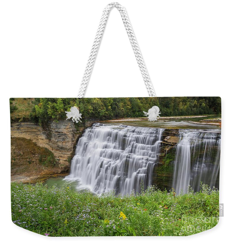 Waterfall Weekender Tote Bag featuring the photograph Autumn Flower of Letchworth Middle Falls by Karen Jorstad