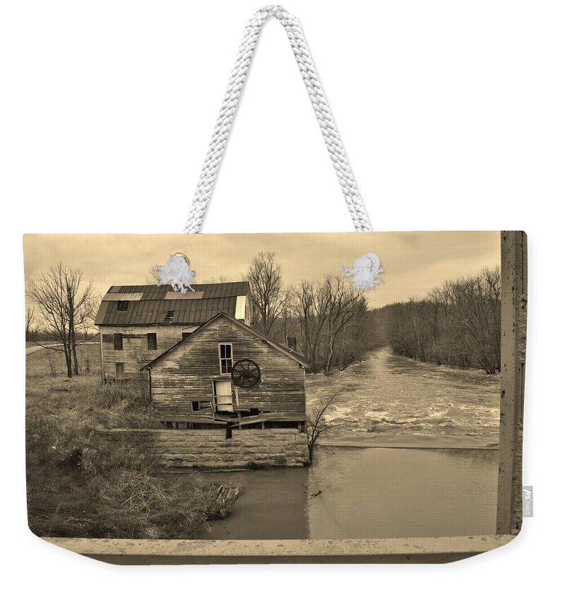 Gristmill Weekender Tote Bag featuring the photograph Falls of Rough Abandoned Gristmill by Stacie Siemsen