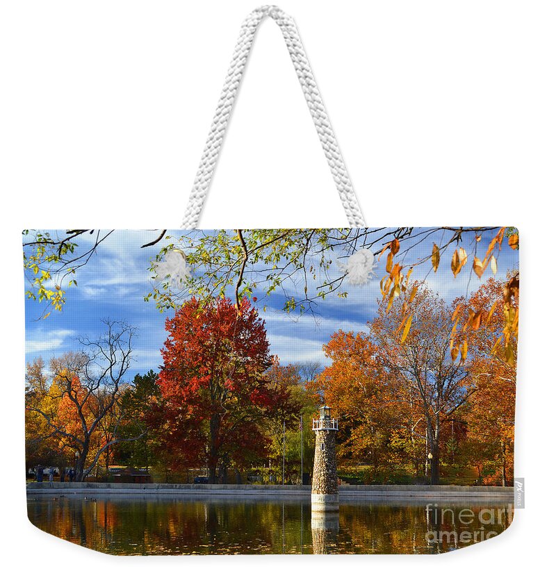 Falls Park Weekender Tote Bag featuring the photograph Falls Park Pond Lighthouse by Amy Lucid