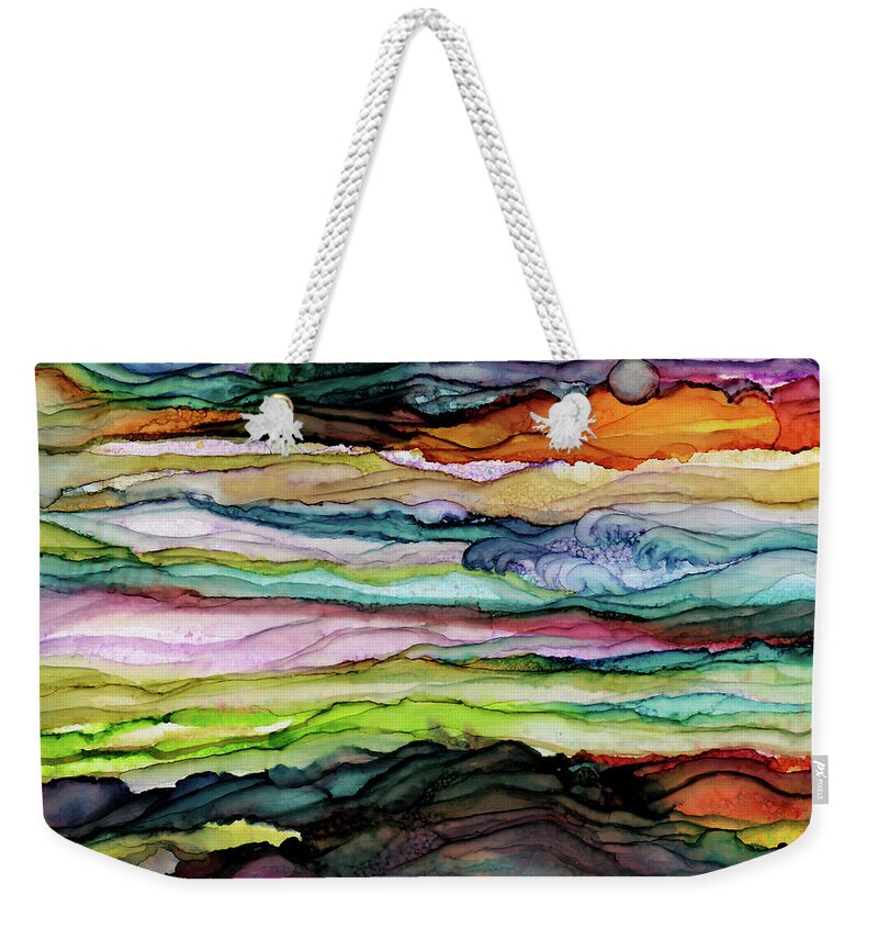 Colorful Abstract Bubbles Blue Orange Purple Pink Turquoise Green Lime Red Waves Weekender Tote Bag featuring the painting Fantascape by Brenda Salamone