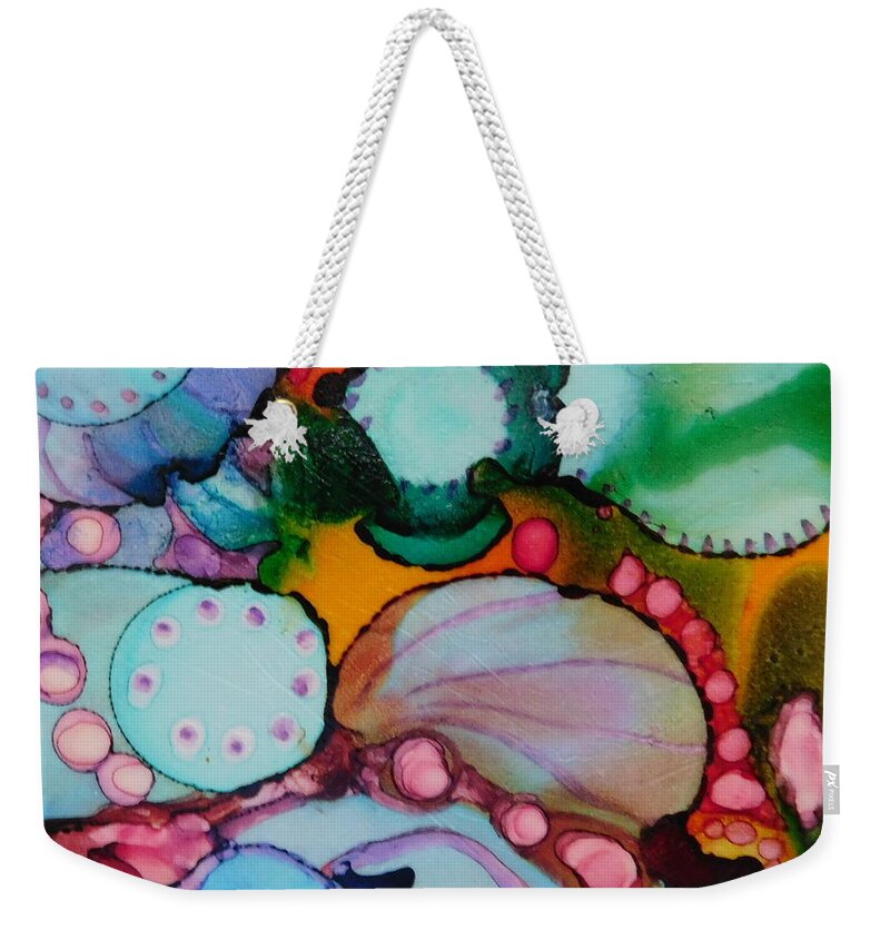 Abstract Design In All The Colors Of The Rainbow - Vibrant Colors Of Red Weekender Tote Bag featuring the painting Fantasy #7 by Joan Clear