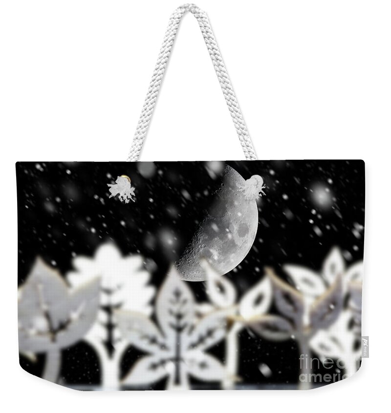 Moon Weekender Tote Bag featuring the photograph Fantasy winter snow scene with moon by Simon Bratt