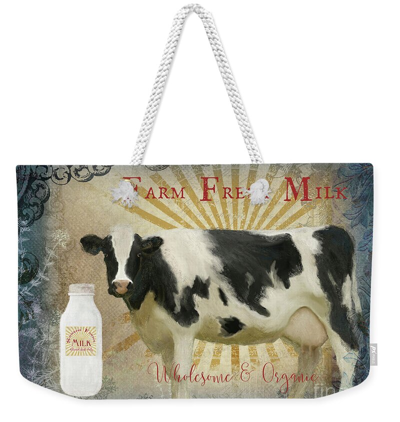Farm Fresh Weekender Tote Bag featuring the painting Farm Fresh Milk Vintage Style Typography Country Chic by Audrey Jeanne Roberts