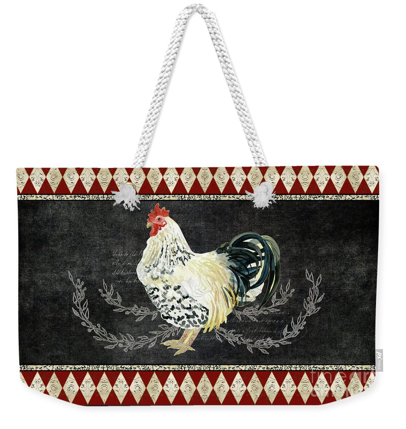 Harlequin Pattern Weekender Tote Bag featuring the painting Farm Fresh Rooster 3 - On Chalkboard w Diamond Pattern Border by Audrey Jeanne Roberts