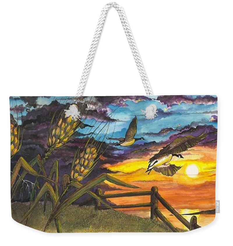 Farm Weekender Tote Bag featuring the painting Farm Sunset by Darren Cannell