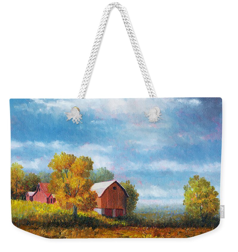Rustic Weekender Tote Bag featuring the painting Farm with Trees by Douglas Castleman