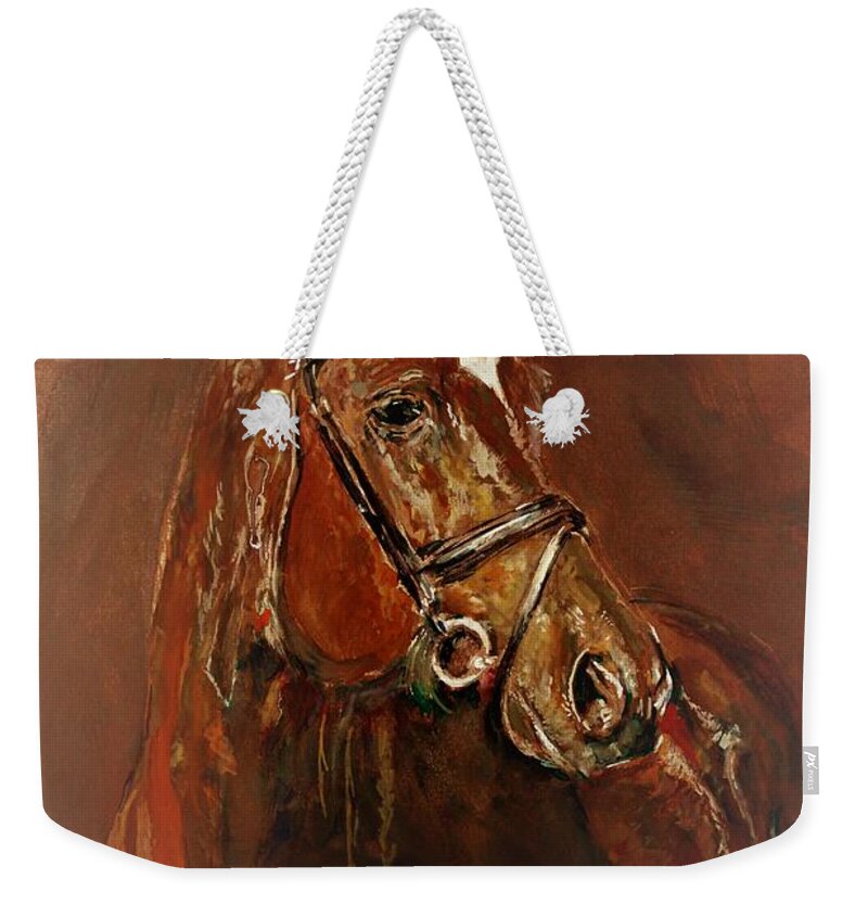 Horse Weekender Tote Bag featuring the painting Fasten with a buckle by Khalid Saeed