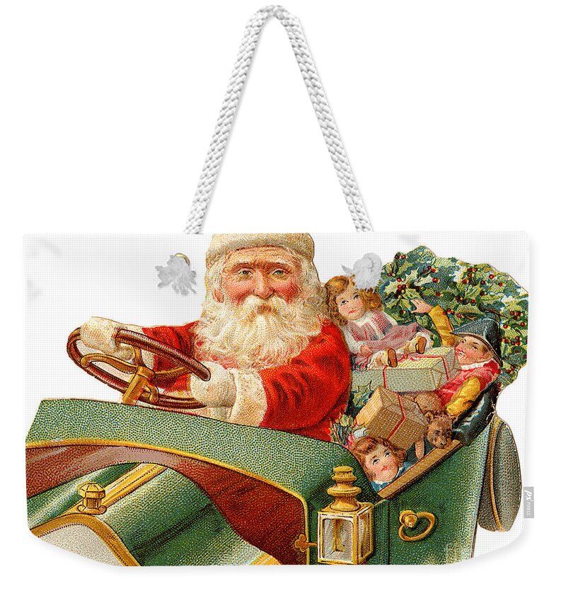 Father Christmas Weekender Tote Bag featuring the painting Father Christmas AKA Santa Claus delivering presents in his automobile early vintage poster by Vintage Collectables