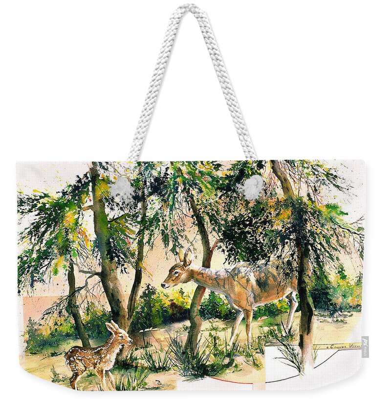 Fawn Weekender Tote Bag featuring the painting Fawn and Doe by Connie Williams