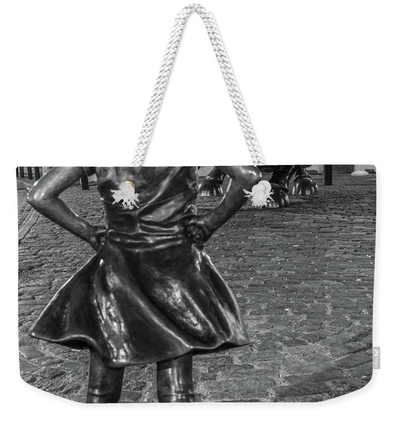 B&w Weekender Tote Bag featuring the photograph Fearless Girl and Charging Bull NYC by John McGraw