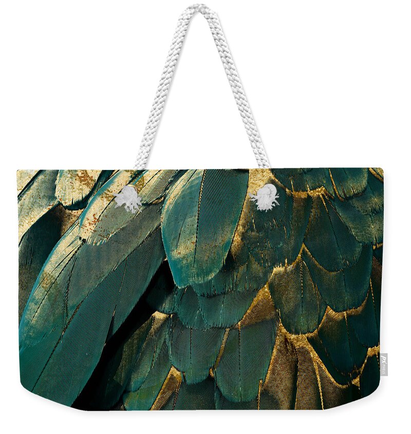 Feathers Weekender Tote Bag featuring the painting Feather Glitter Teal and Gold by Mindy Sommers