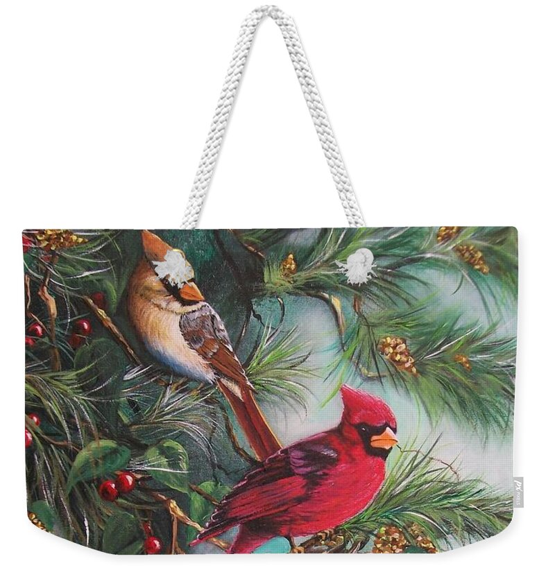 Red Bird Weekender Tote Bag featuring the painting Feathered Friends by Sharon Duguay
