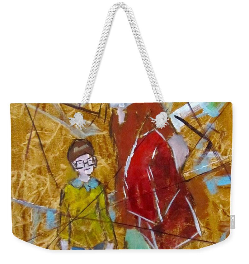 Illustration Weekender Tote Bag featuring the painting Fractured Tale Gandalf gives Henrietta the Cloak by Barbara O'Toole