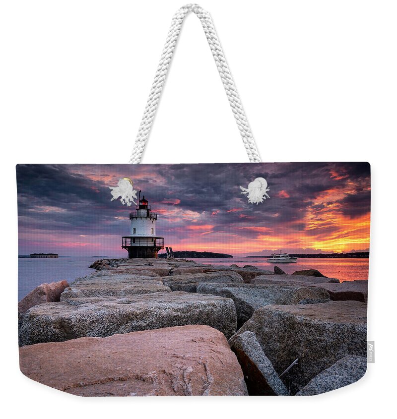 Maine Weekender Tote Bag featuring the photograph Feiry Sky Over Spring Point Ledge Light by Scott Reyes