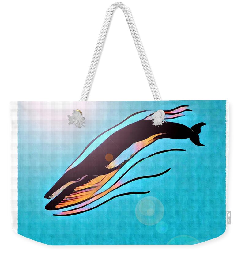 Whale Weekender Tote Bag featuring the digital art Finback Diving Through Krill by Art MacKay