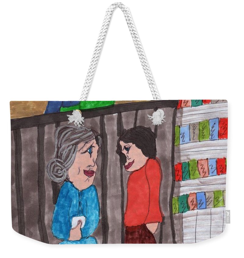 A Girl Talking To A Librarian Regarding A Book Weekender Tote Bag featuring the mixed media At The Library by Elinor Helen Rakowski