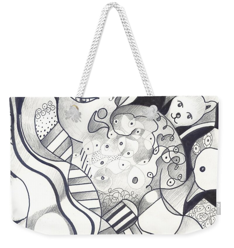 Figurative Abstraction Weekender Tote Bag featuring the drawing Finding The Goose That Laid The Egg by Helena Tiainen