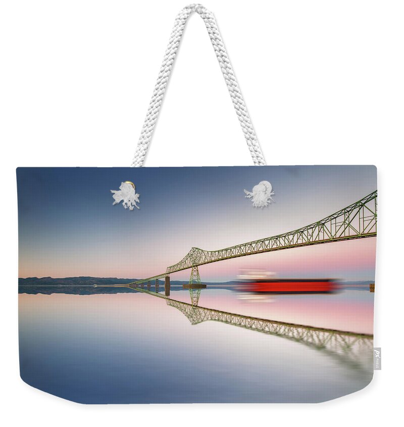 Oregon Weekender Tote Bag featuring the photograph Fine art bridge and ship in clear sky with reflections by William Lee