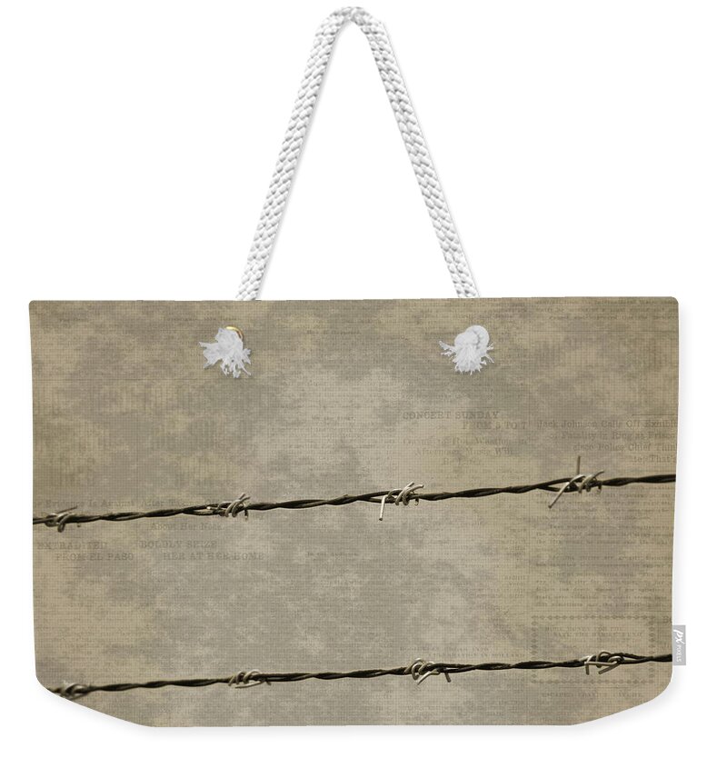 Prison Break Weekender Tote Bag featuring the photograph Fine Art Photograph Barbed Wire over Vintage News Print Breaking Out by Colleen Cornelius