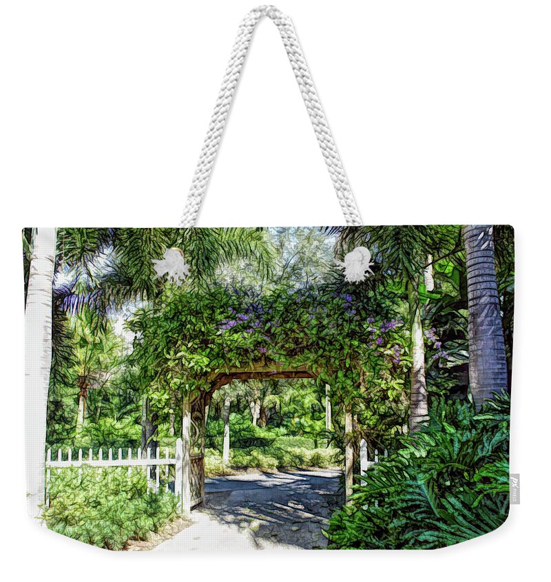 Garden Weekender Tote Bag featuring the photograph Fine Wine Cafe Garden Walkway by Aimee L Maher ALM GALLERY