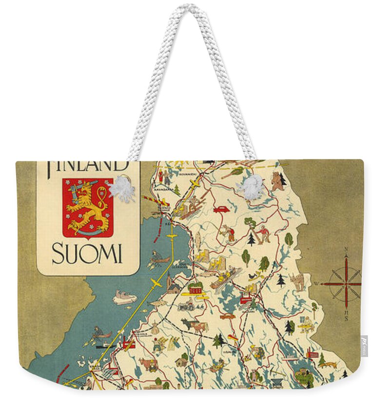 Finland Weekender Tote Bag featuring the mixed media Finland - Suomi - Vintage Illustrated Map of Finland - Historical Map - Cartography by Studio Grafiikka
