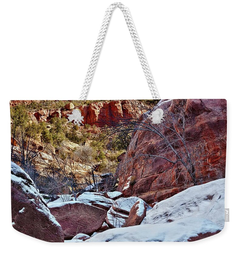 Zion Canyon Weekender Tote Bag featuring the photograph Fire and Ice by Christopher Holmes