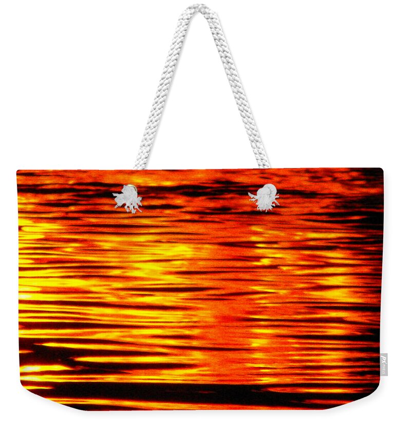 Firewater Weekender Tote Bag featuring the digital art Fire at Night on the Water by Michael Oceanofwisdom Bidwell