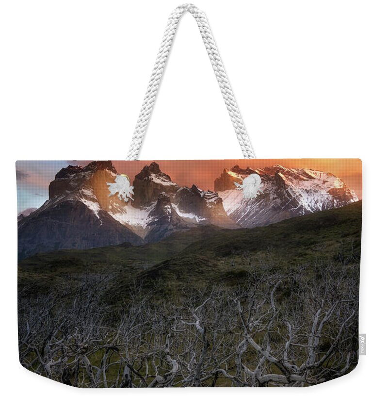Paine Massif Weekender Tote Bag featuring the photograph Fire in the Sky by Nicki Frates