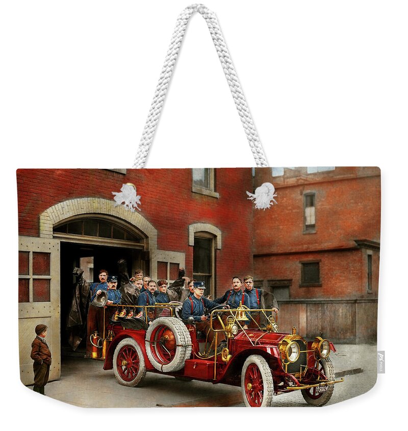 Firefighter Art Weekender Tote Bag featuring the photograph Fire Truck - The flying squadron 1911 by Mike Savad
