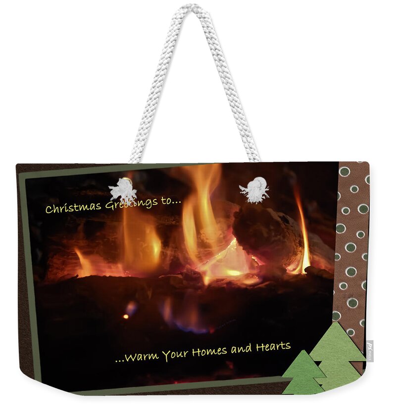 Christmas Weekender Tote Bag featuring the photograph Fireside Christmas Greeting by DigiArt Diaries by Vicky B Fuller