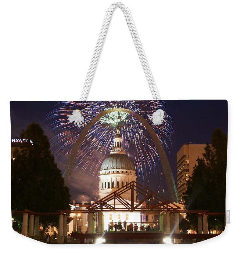 Saint Louis Weekender Tote Bag featuring the glass art Fireworks at the Arch 1 by Marty Koch