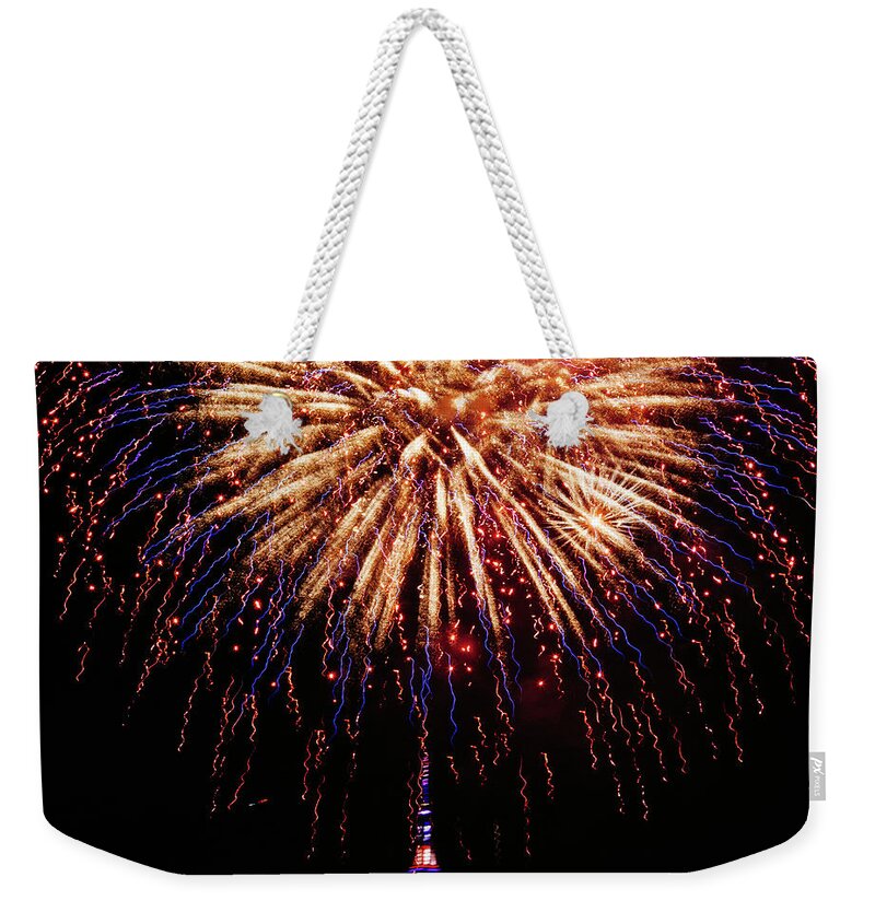 New York Weekender Tote Bag featuring the photograph Fireworks Over Empire State Building by Laura Tucker