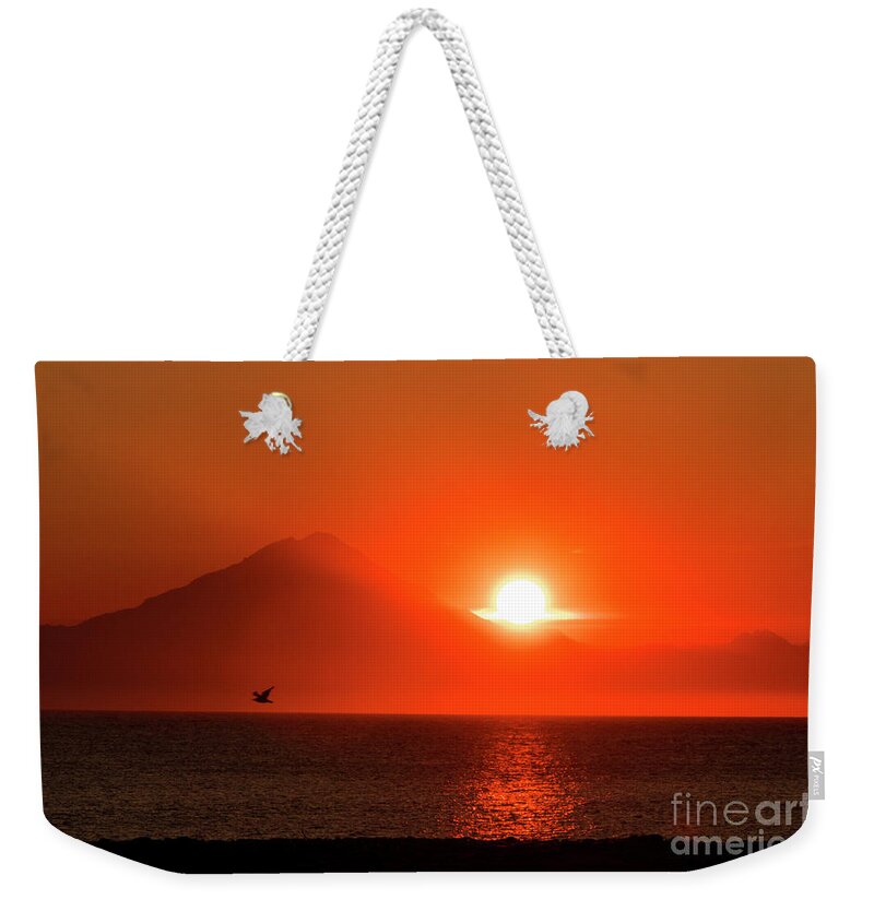Sunset Weekender Tote Bag featuring the photograph Firey Sunset on Mt Redoubt Volcano Alaska by Louise Magno