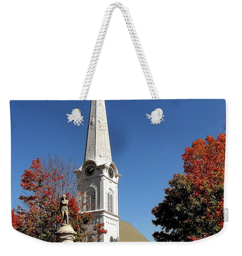 Church In Manchester Weekender Tote Bag featuring the photograph First Congregational Church and Ethan Allen Revolutionary War Patriot Statue in Manchester Vermont by Linda Stern