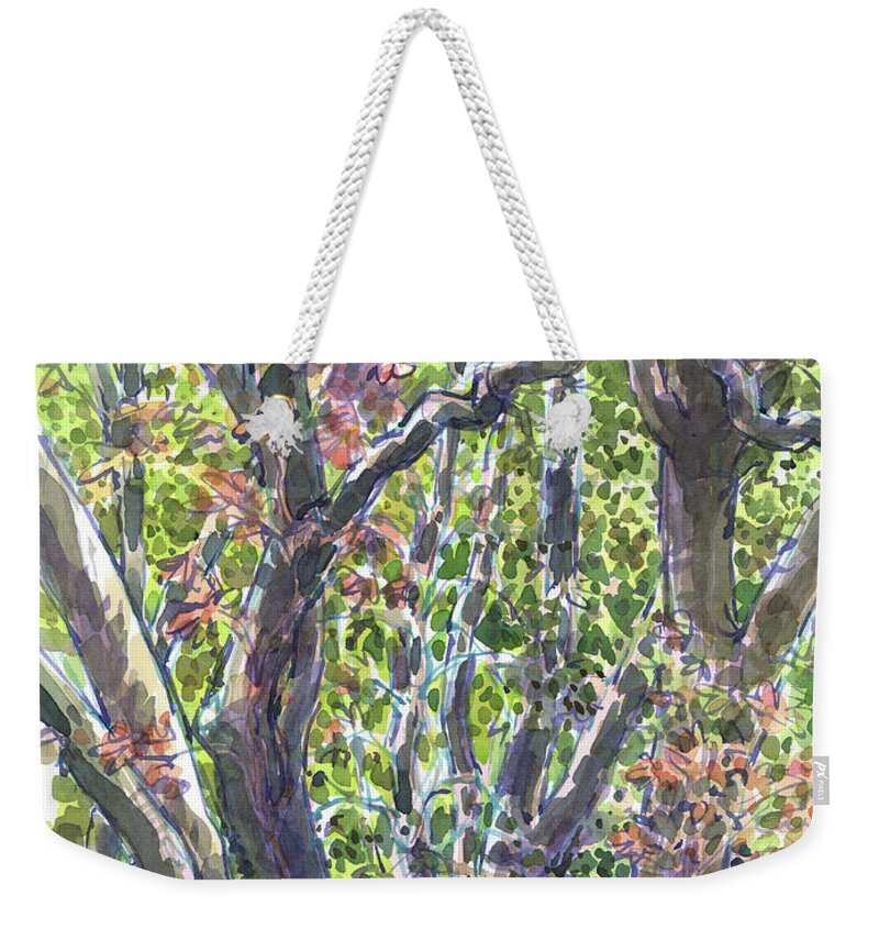 California Weekender Tote Bag featuring the painting First fall colors in the forest by Judith Kunzle