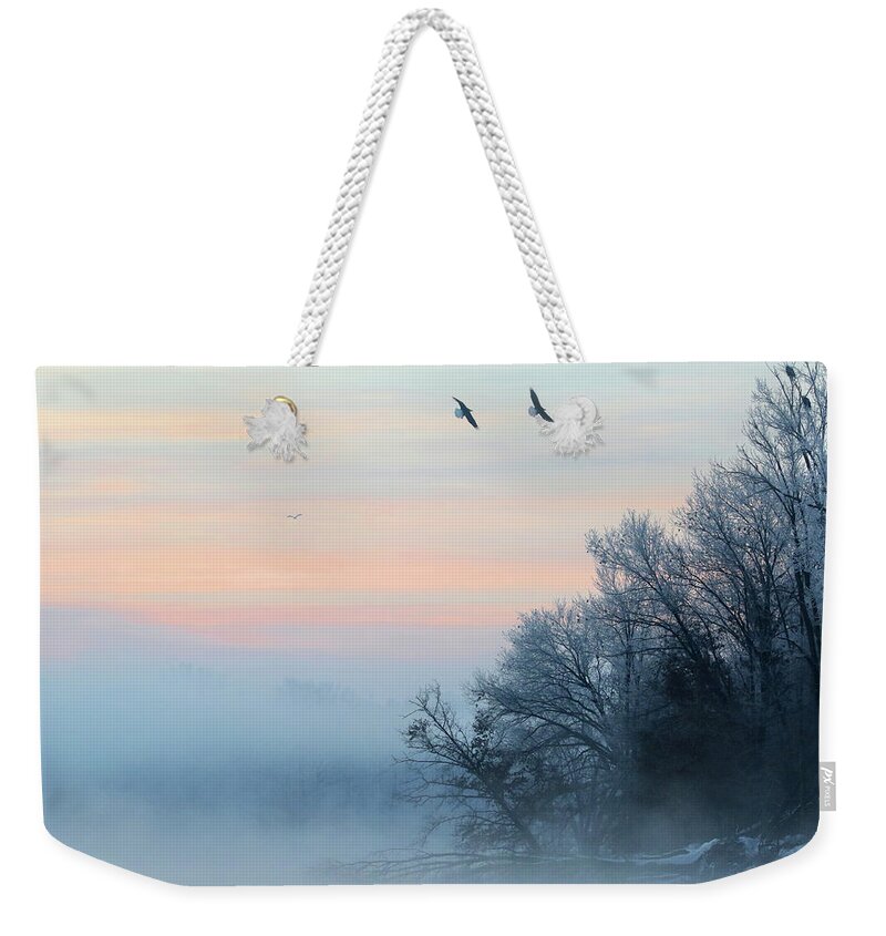 Bald Eagle Weekender Tote Bag featuring the photograph First Light Flyers by Brook Burling