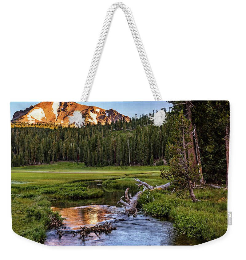 Af Zoom 24-70mm F/2.8g Weekender Tote Bag featuring the photograph First Light on Lassen from Upper Meadow by John Hight
