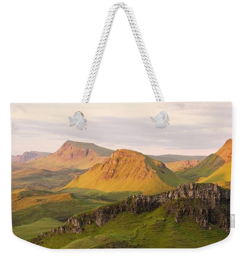 Isle Of Skye Weekender Tote Bag featuring the photograph First Light Trotternish Panorama by Stephen Taylor