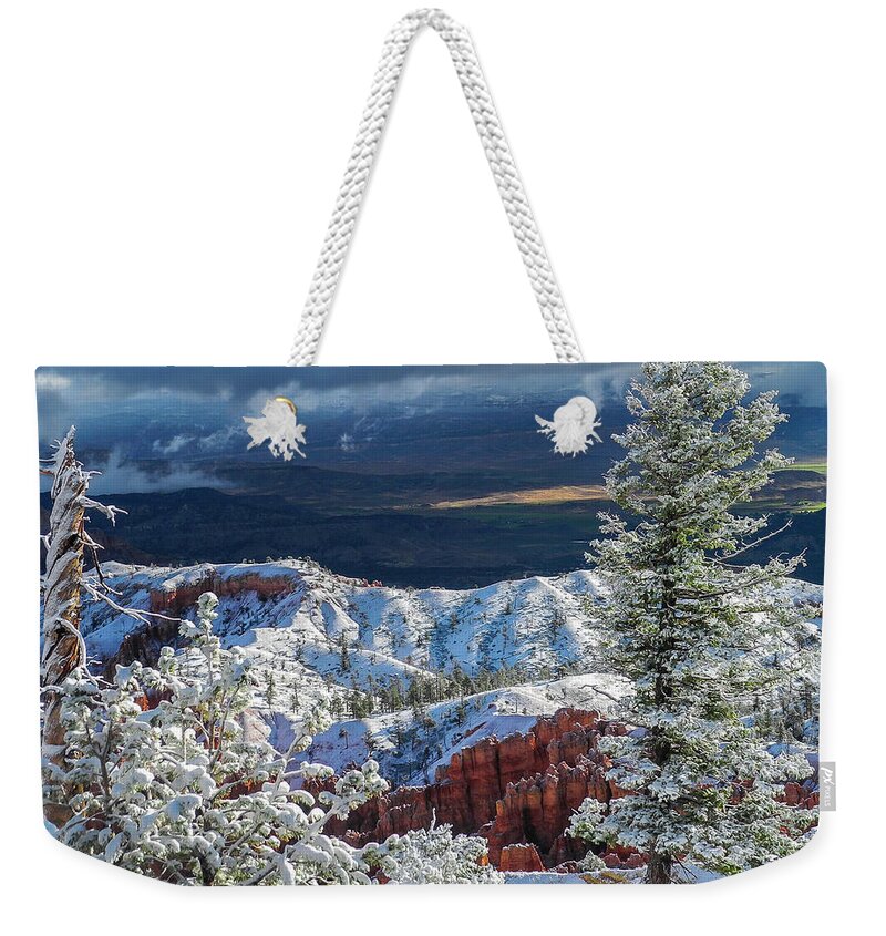 Bryce Canyon Weekender Tote Bag featuring the photograph First Snow by John Roach