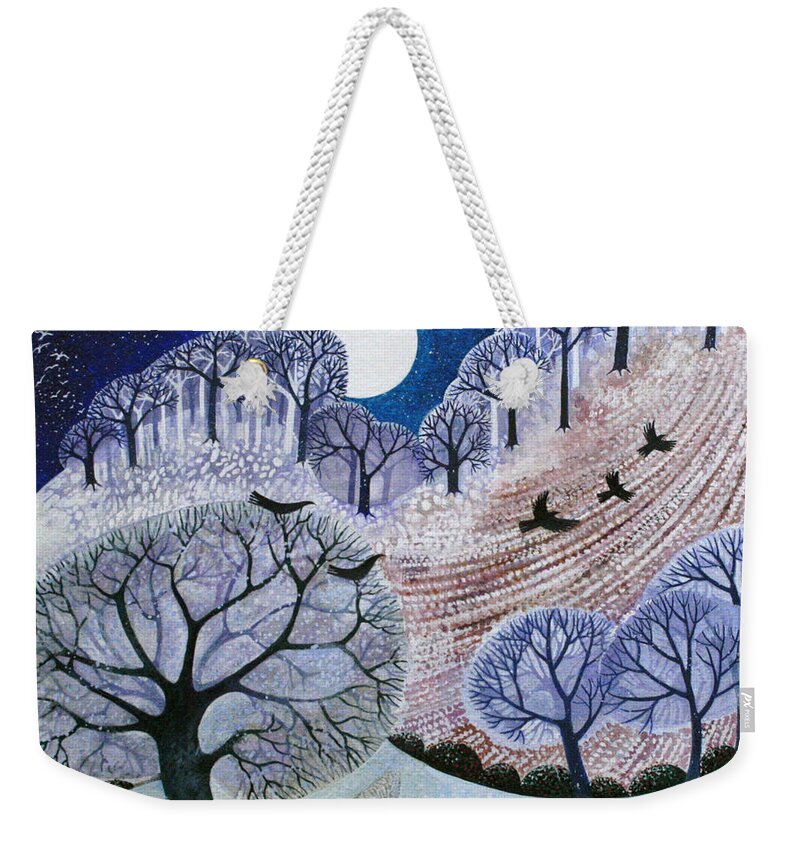 Moon Weekender Tote Bag featuring the painting First Snow Surrey Hills by Lisa Graa Jensen