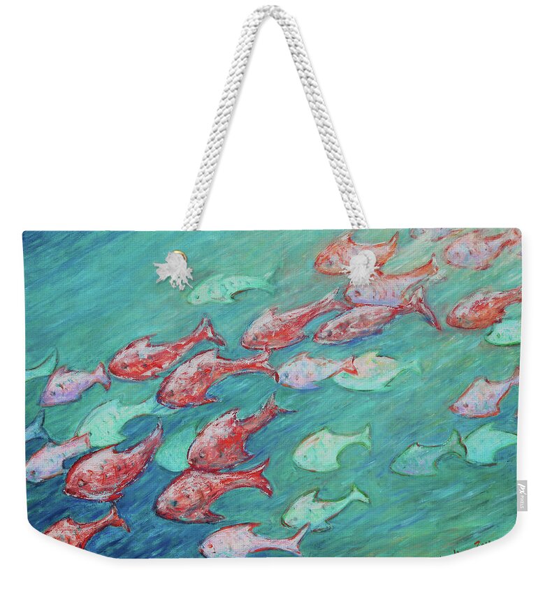 Fish In Abundance Weekender Tote Bag featuring the painting Fish in Abundance by Xueling Zou