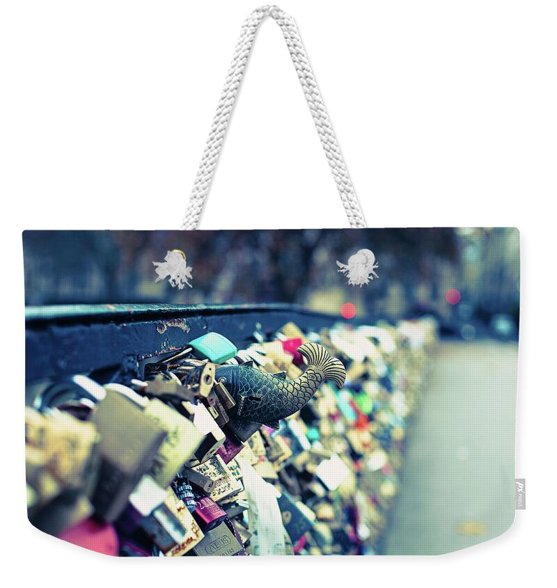Love Locks Weekender Tote Bag featuring the photograph Fish Out of Water - Pont des Arts Love Locks - Paris Photography by Melanie Alexandra Price
