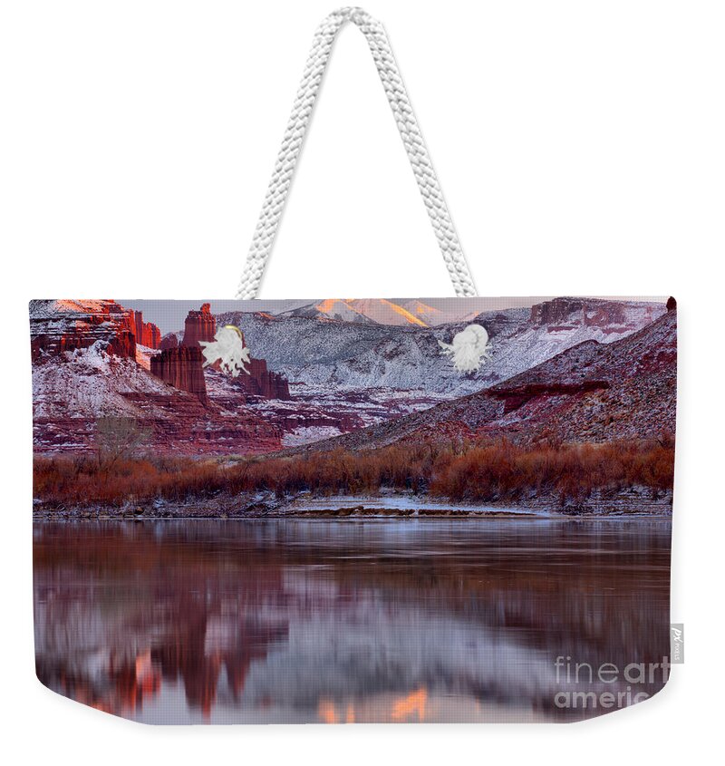 Fisher Towers Weekender Tote Bag featuring the photograph Fisher Towers Fading Sunset by Adam Jewell