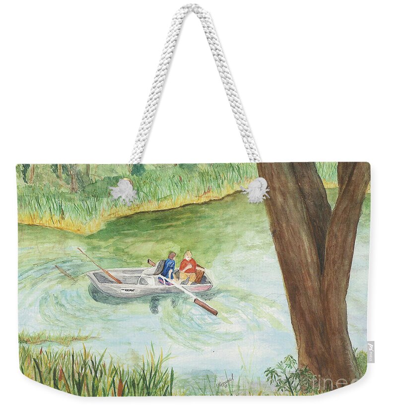 Fishing Weekender Tote Bag featuring the painting Fishing Lake Tanko by Vicki Housel