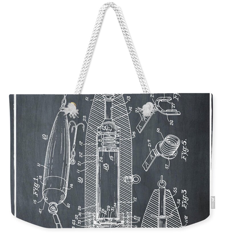 Fishing Weekender Tote Bag featuring the photograph Fishing Lure Patent 1951 Chalk by Bill Cannon