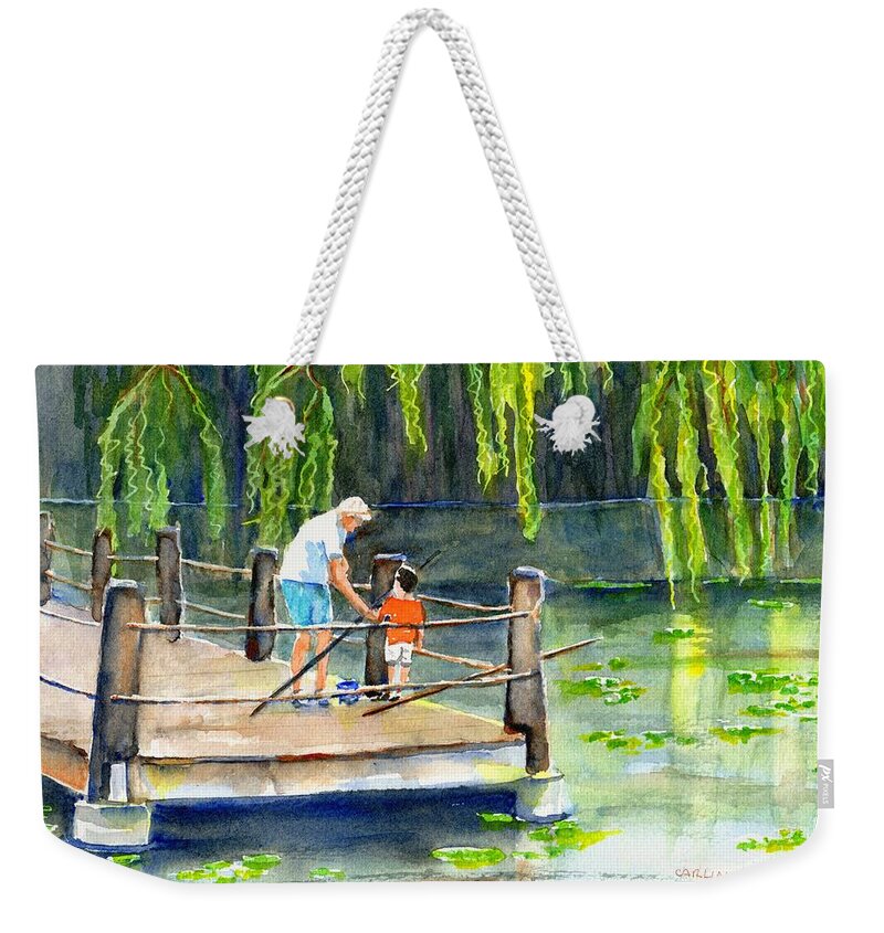 Fishing Weekender Tote Bag featuring the painting Fishing with Grandpa by Carlin Blahnik CarlinArtWatercolor