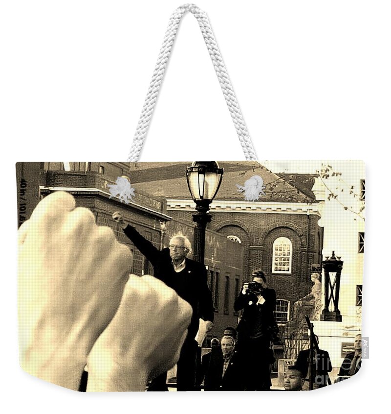Feel The Bern Weekender Tote Bag featuring the photograph Fists Up, Bernie Sanders, New Haven, CT by Dani McEvoy