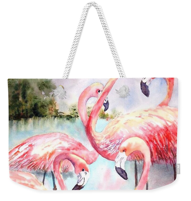 Birds Weekender Tote Bag featuring the painting Five Flamingos by Diane Kirk