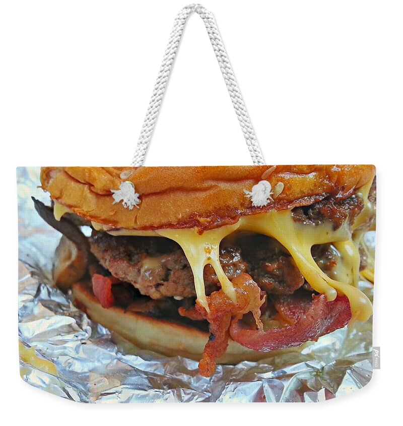 Five Guys Weekender Tote Bag featuring the photograph Five Guys Cheeseburger by Robert Knight